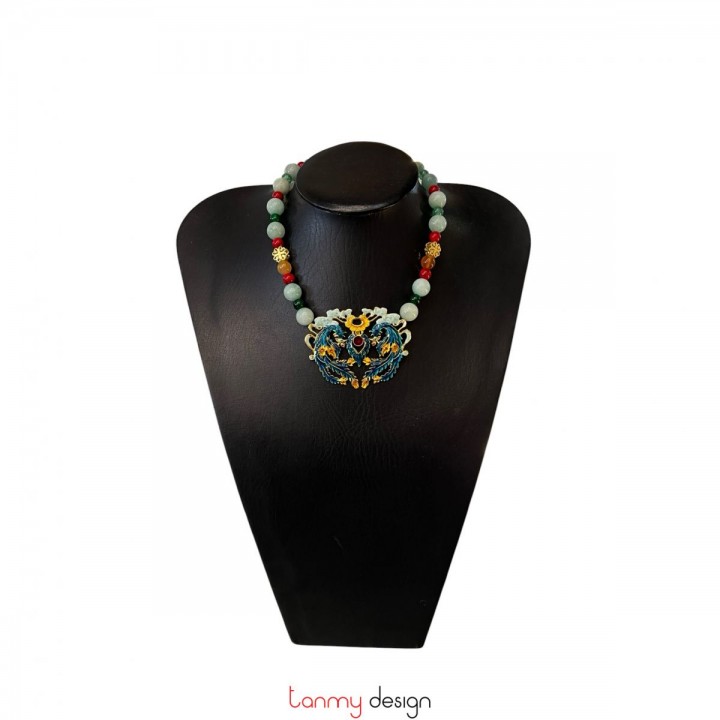 Metal plate pendant necklace with colored enamel, green agate, and red coral stones